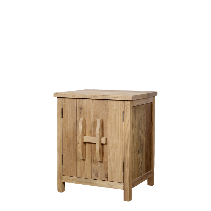 Natural oak bedside cabinet with double doors, compact storage and timeless craftsmanship for calm, uncluttered living.
