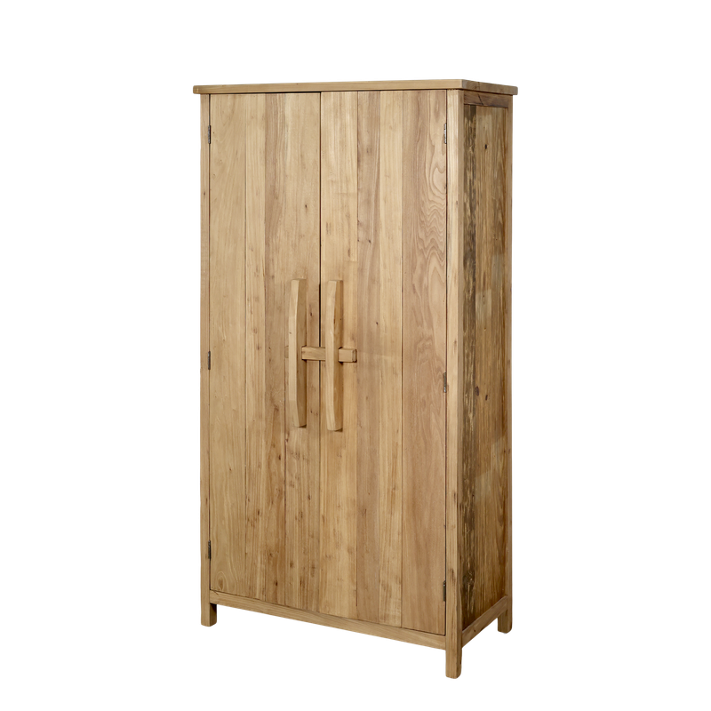 A compact wooden cabinet made from natural light-toned wood with visible grain. It has a rectangular top, two front doors.