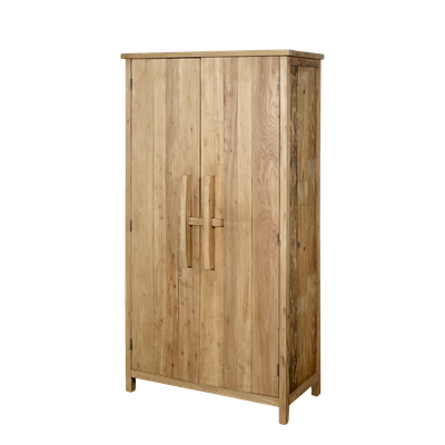 A compact wooden cabinet made from natural light-toned wood with visible grain. It has a rectangular top, two front doors.