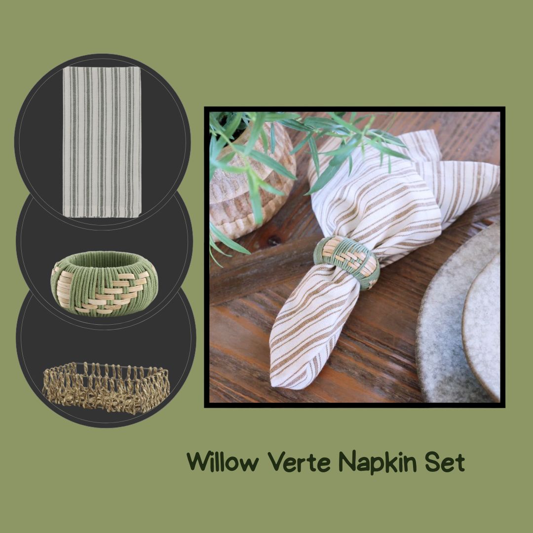 Willow Verte napkin set with striped fabric napkins and woven green napkin rings and rattan decorative holder.