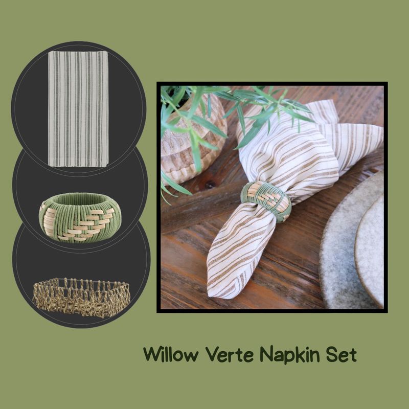 Willow Verte napkin set with striped fabric napkins and woven green napkin rings and rattan decorative holder.