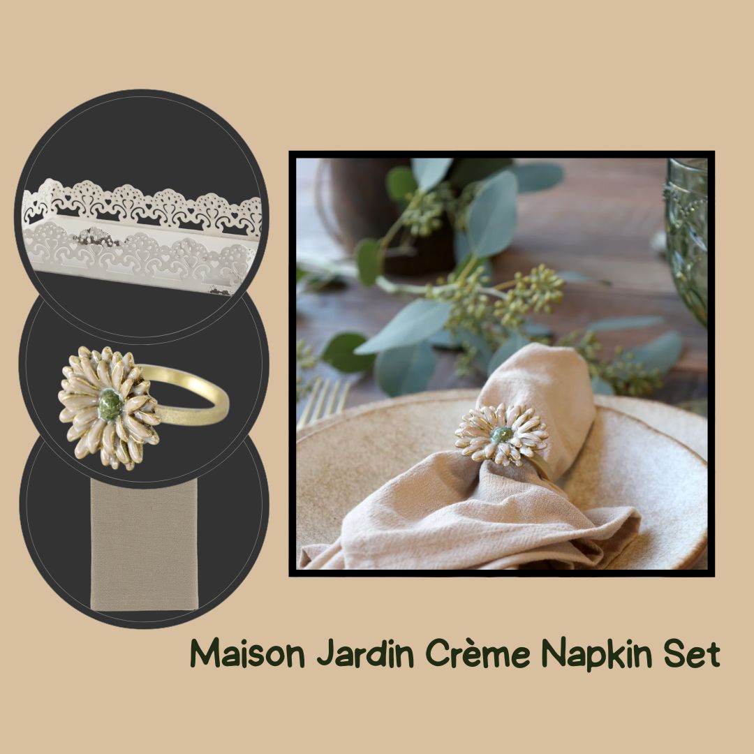 Maison Jardin Crème napkin set. Cream fabric napkins, decorative floral napkin rings, metal decorative  cream holder.