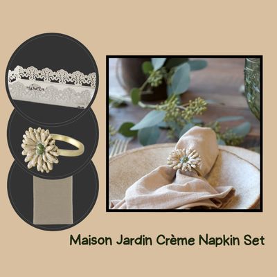 Maison Jardin Crème napkin set. Cream fabric napkins, decorative floral napkin rings, metal decorative  cream holder.
