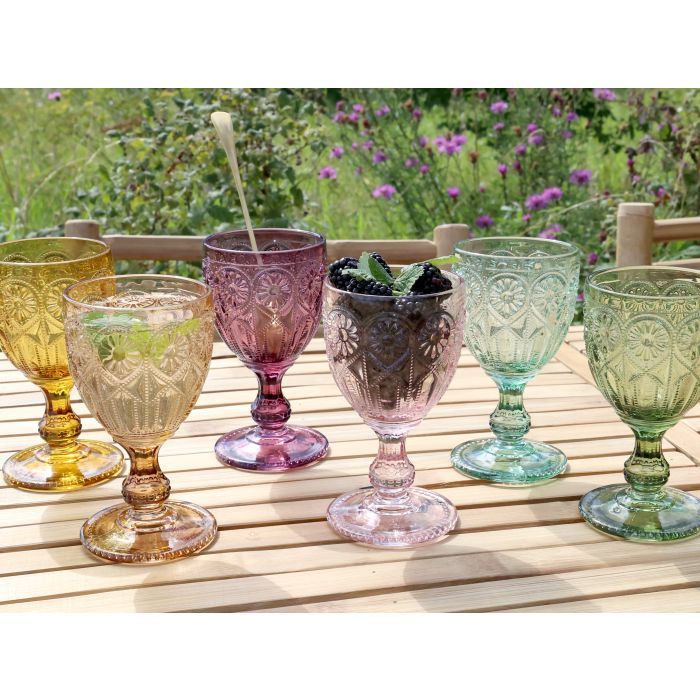 Spangles Fleur Six embossed wine glasses in green, pink, amber, sage, yellow, and blush.