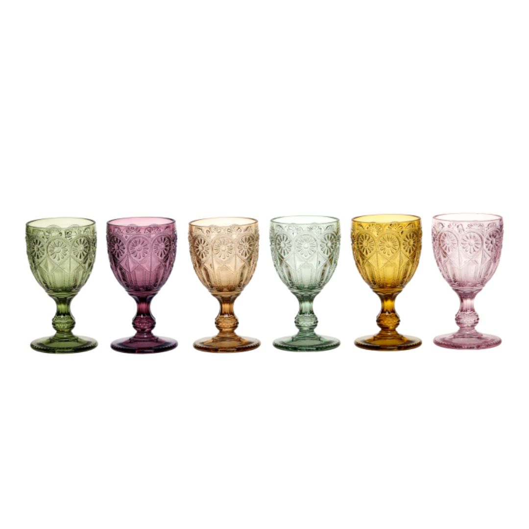 Spangles Fleur Six embossed wine glasses in green, pink, amber, sage, yellow, and blush.