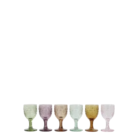 Set of six Spangles Confetti wine glasses in assorted colours, arranged in a row against a white background.
