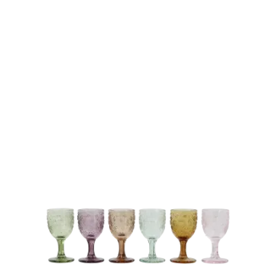 Set of six Spangles Confetti wine glasses in assorted colours, arranged in a row against a white background.