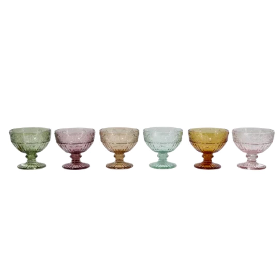 Set of six Spangles Confetti sundae glasses in assorted colours, each a different colour.