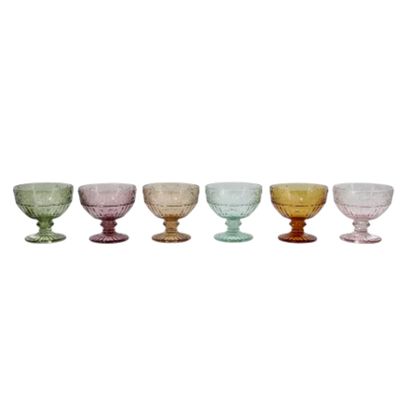 Set of six Spangles Confetti sundae glasses in assorted colours, each a different colour.