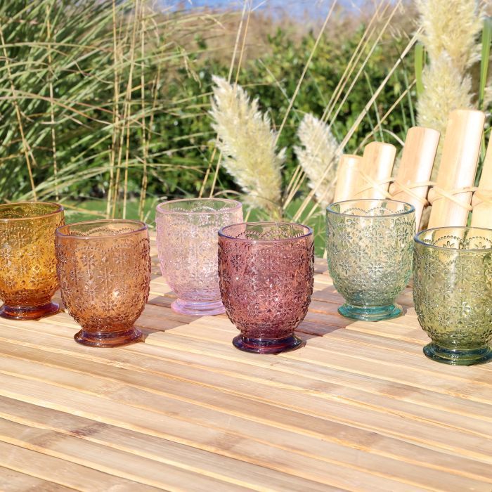 Six embossed glass tumblers Confetti in assorted colours, 