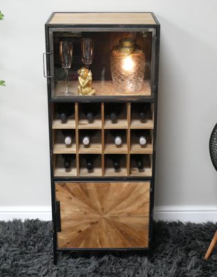 Mateus Wine Cabinet.  Diplay cube, wine bottle cube and solid cupboard door cube.  Black and Natural Wood Finish.