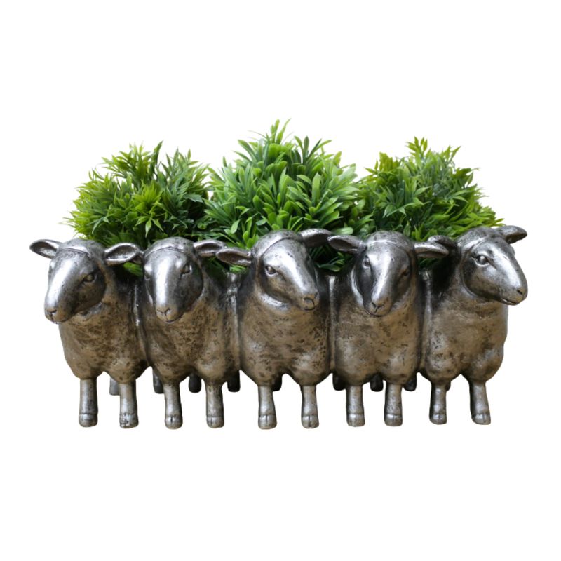 Baasil Sheep Planter.  Row of Silver finish Sheep creating an indoor planter.