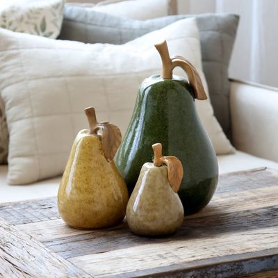Set of Three Pottery Pears in Moss, Mellow and Latte Finish.  Different sizes.