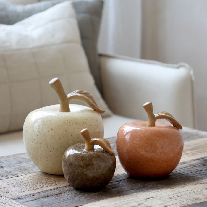 Set of Three Pottery Apples in Cream, Rose and Coffee.  Different sizes.