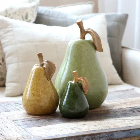 Set of Three Pottery Pears in Latte, Verte and Moss Finish.  Different sizes.