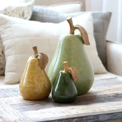 Set of Three Pottery Pears in Latte, Verte and Moss Finish. Different sizes.