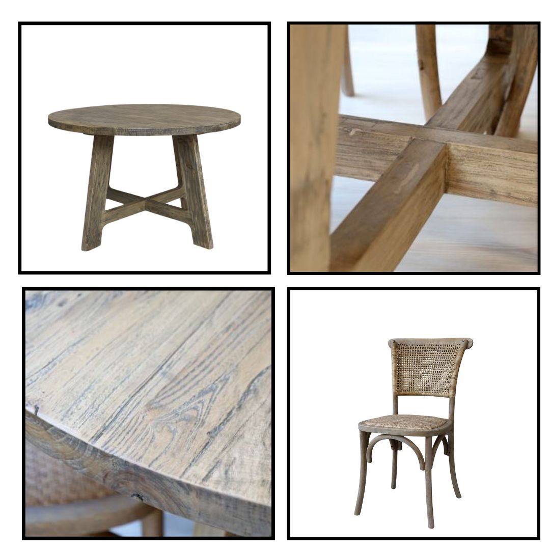 French Round Dining Table with Four Wicker Chairs