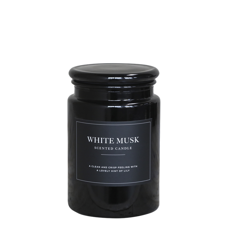 Lucon Scented Candle - White Musk - White Candle in Dark Glass Container.  Black Label with White Writing