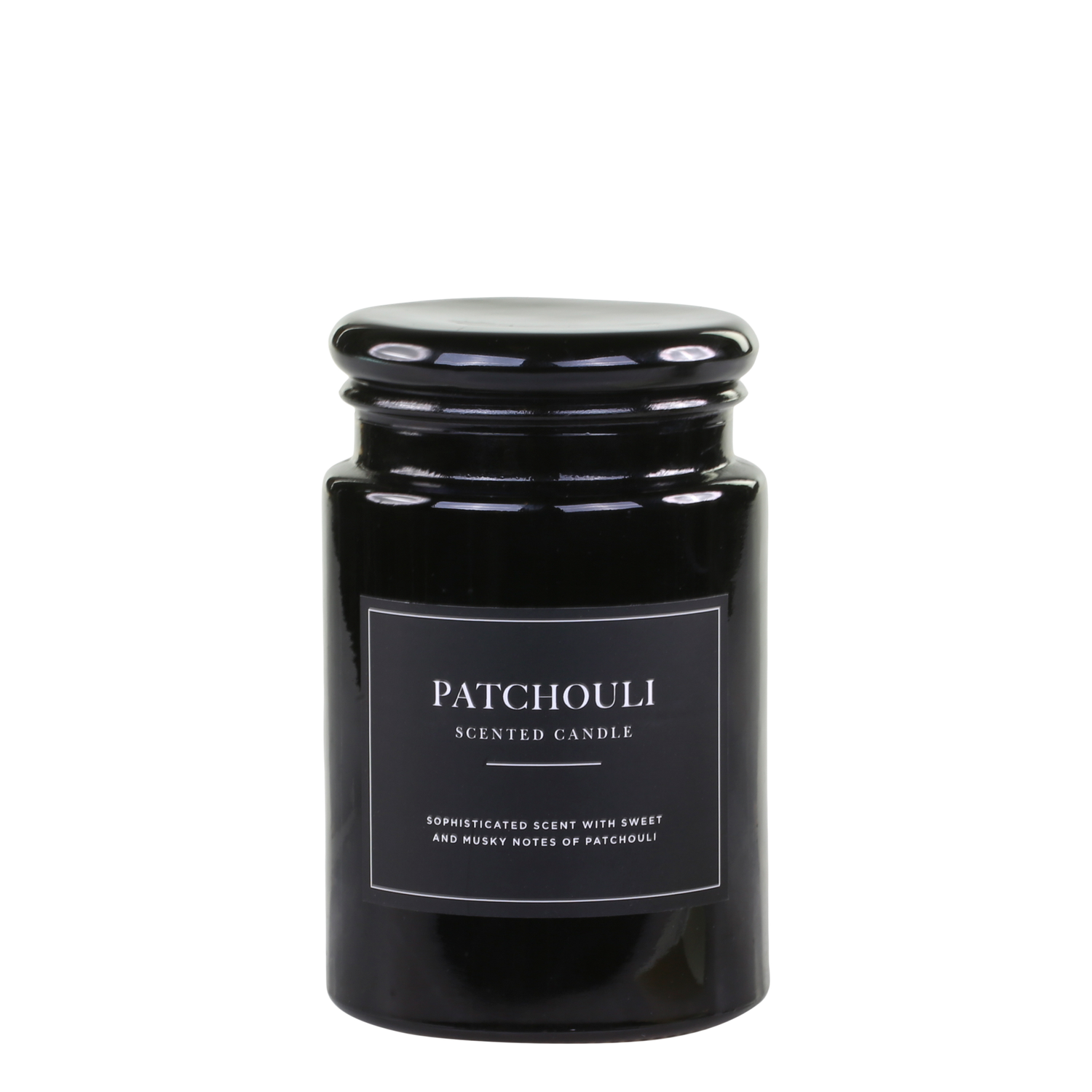 Lucon Scented Candle - Patchouli - White Candle in Dark Glass Container.  Black Label with White Writing