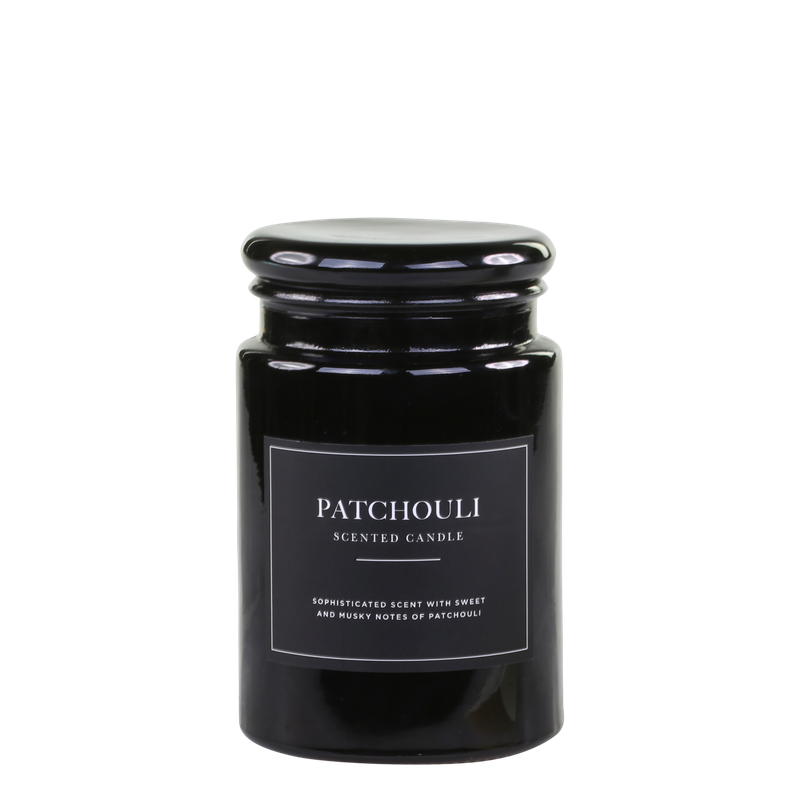 Lucon Scented Candle - Patchouli - White Candle in Dark Glass Container.  Black Label with White Writing