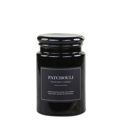 Lucon Scented Candle - Patchouli - White Candle in Dark Glass Container.  Black Label with White Writing