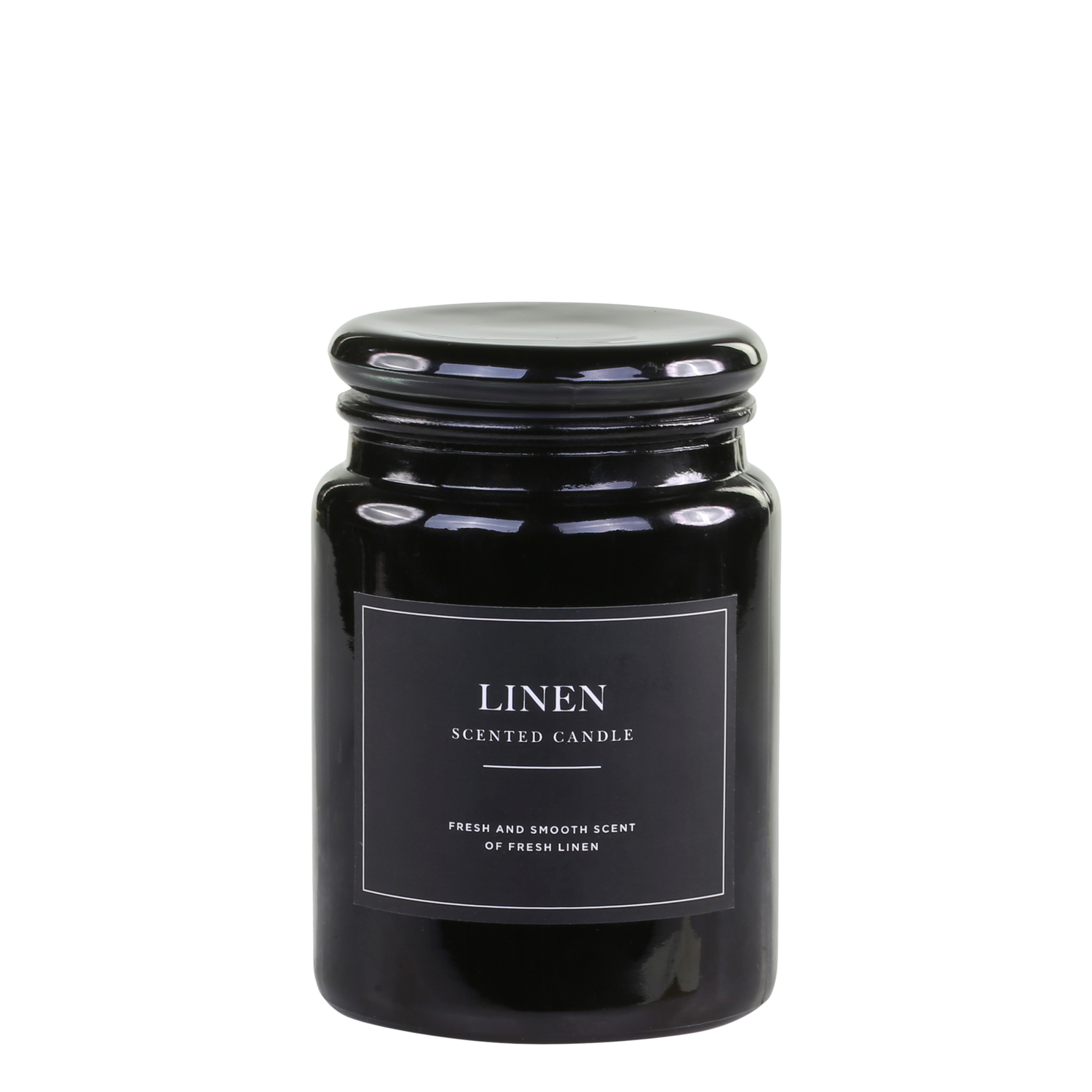 Lucon Scented Candle - Linen - White Candle in Dark Glass Container.  Black Label with White Writing.