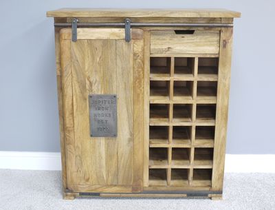 Iron Works Wine Cabinet. Sliding Cupboard Door with Metal Iron Works Sign. 18 Wooden Wine Rack.