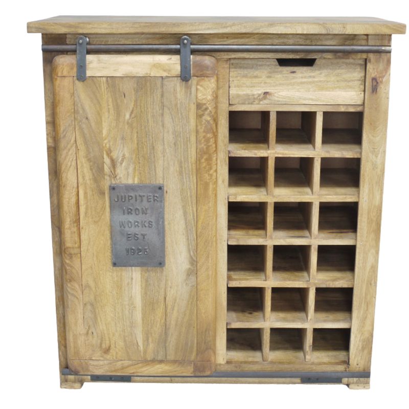 Iron Works Wine Cabinet.  Sliding Cupboard Door with Metal Iron Works Sign.  18 Wooden Wine Rack.