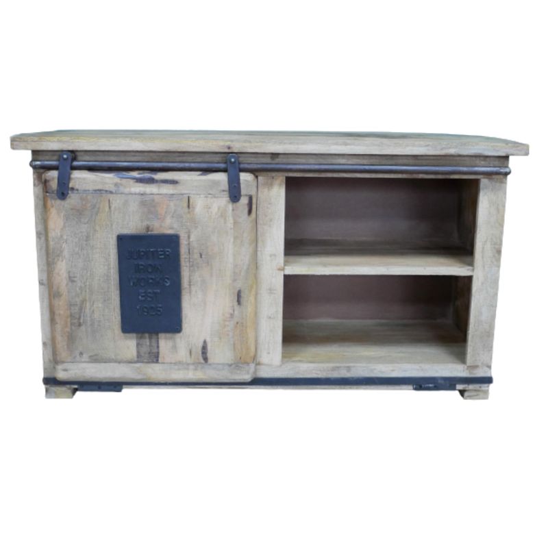 Iron Works Industrial TV Cabinet. Sliding Door with metal sign and Shelving.