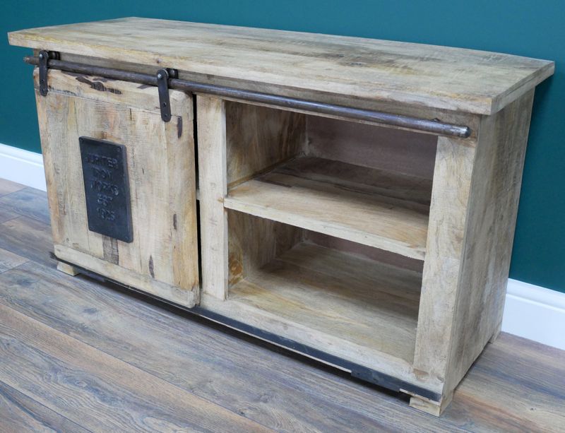 Iron Works Industrial TV Cabinet. Sliding Door with metal sign and Shelving.