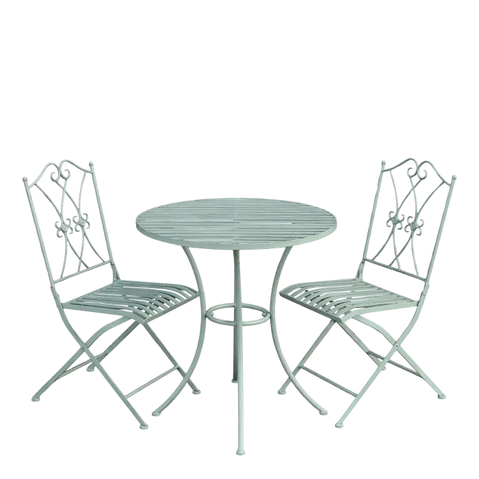 Florence Bistro Set in Antique Verte with a round slatted table and two folding chairs featuring decorative backrests