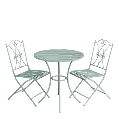 Florence Bistro Set in Antique Verte with a round slatted table and two folding chairs featuring decorative backrests