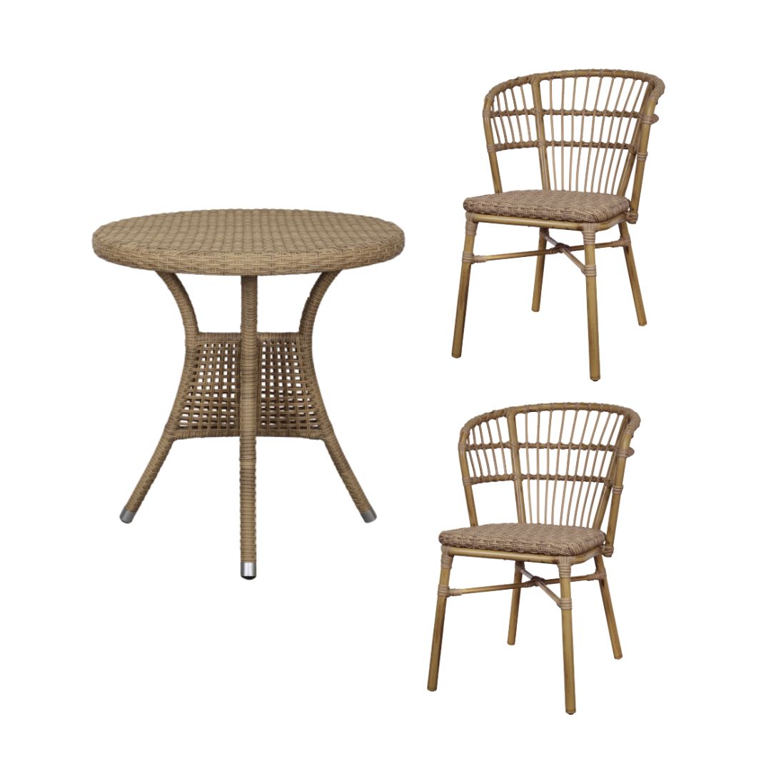 Braided rattan bistro set with round woven table and two matching chairs featuring curved backs and woven seats.