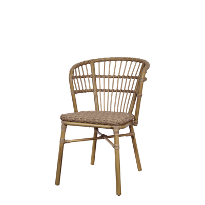 Braided rattan bistro set with round woven table and two matching chairs featuring curved backs and woven seats.