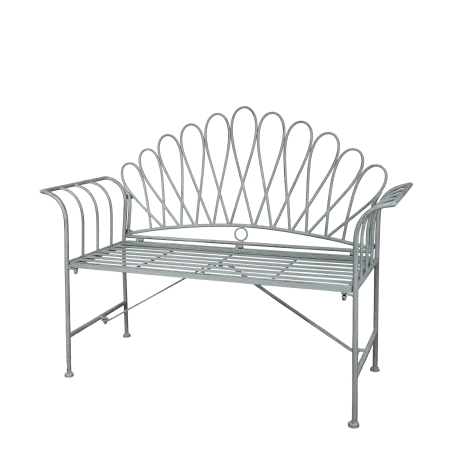 Metal garden bench with an arched back and decorative curved detailing, offering a light, elegant design suited to outdoors,