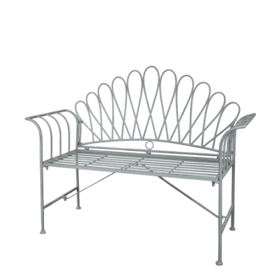 Metal garden bench with an arched back and decorative curved detailing, offering a light, elegant design suited to outdoors,