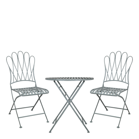 Folding metal bistro set with two decorative chairs and a round table, featuring curved detailing and a light, airy design.