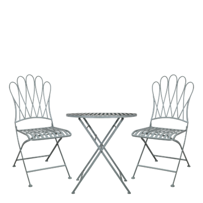 Folding metal bistro set with two decorative chairs and a round table, featuring curved detailing and a light, airy design.
