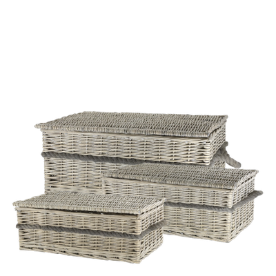 Francesca Set of Three Willow Lidded Storage Baskets Set of three woven willow storage baskets with lids and rope handles in graduated sizes, ideal for organising household items