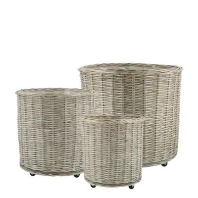 Francesca Set of Three Round Baskets on Wheels Set of three round woven willow baskets in graduated sizes, each on wheels, ideal for laundry, blankets or everyday storage