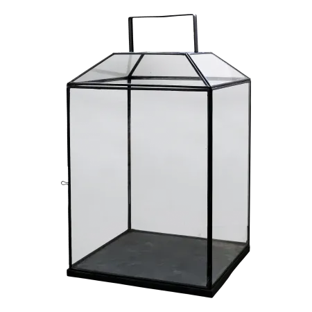 Mousehole Lantern Clear glass lantern with black metal frame and handle, designed to hold a candle and add soft ambient light.