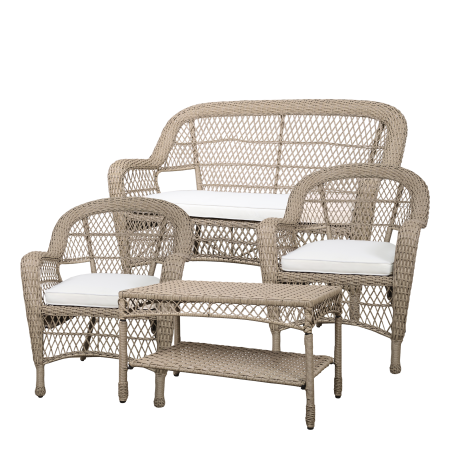 Woven rattan furniture set with sofa, two armchairs, cushions and coffee table, ideal for relaxed indoor or covered outdoor 