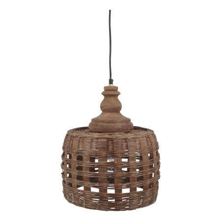 Woven rattan pendant light with turned wood detail, casting soft patterned light, ideal for natural, relaxed interiors