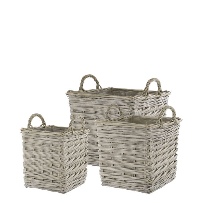 Francesca Set of Three Square Willow Baskets Set of three square woven willow baskets with carry handles and waterproof lining, suitable for storage, laundry or plant pot