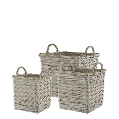 Set of three square woven willow baskets with carry handles and waterproof lining, suitable for storage, laundry or plant pot