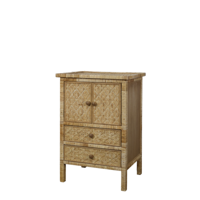 Natural rattan bedside cabinet with cupboard and two drawers, woven detail, slim legs and round wooden handles.