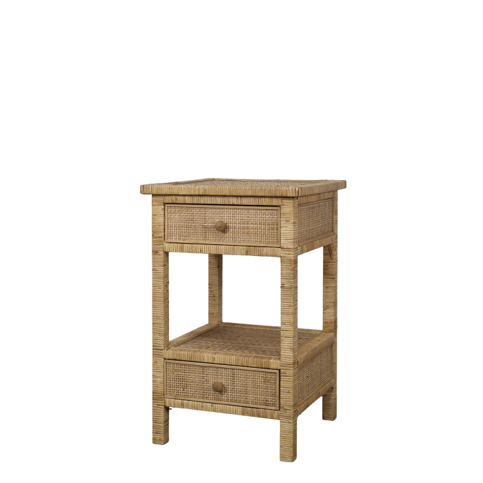 Rattan bedside table with two drawers and open shelf, woven detail, natural finish and slim legs.
