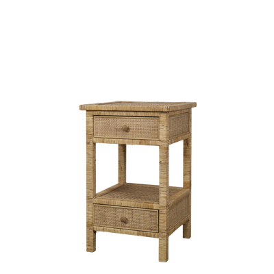 Rattan bedside table with two drawers and open shelf, woven detail, natural finish and slim legs.