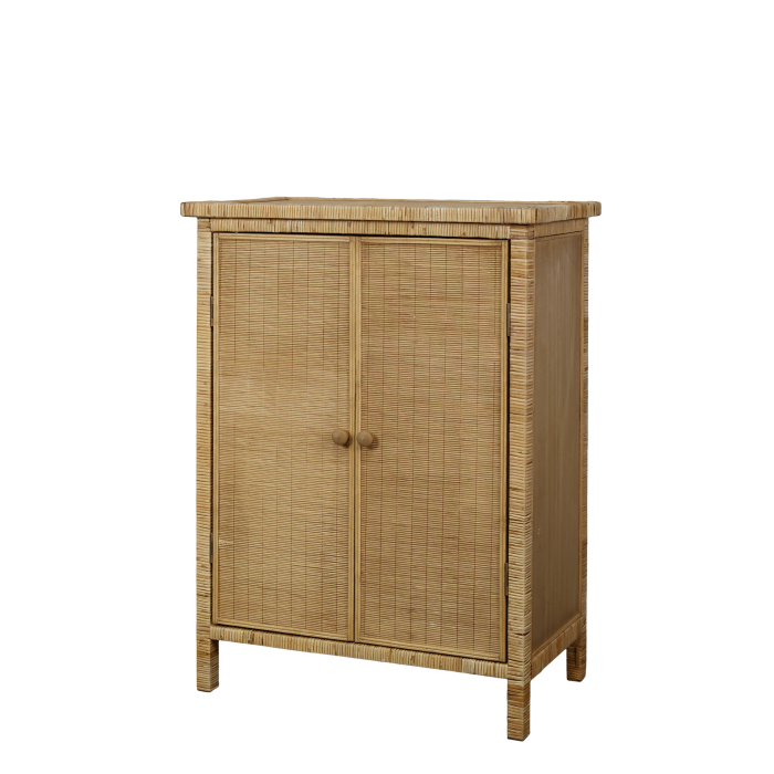 Rattan cabinet with double doors, woven finish, natural tone, raised legs and round wooden handles for storage.