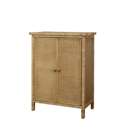 Rattan cabinet with double doors, woven finish, natural tone, raised legs and round wooden handles for storage.
